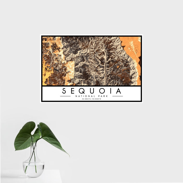 16x24 Sequoia National Park Map Print Landscape Orientation in Ember Style With Tropical Plant Leaves in Water