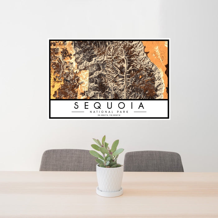 24x36 Sequoia National Park Map Print Landscape Orientation in Ember Style Behind 2 Chairs Table and Potted Plant