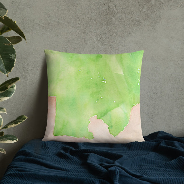 Custom Sequoia National Park Map Throw Pillow in Watercolor on Bedding Against Wall