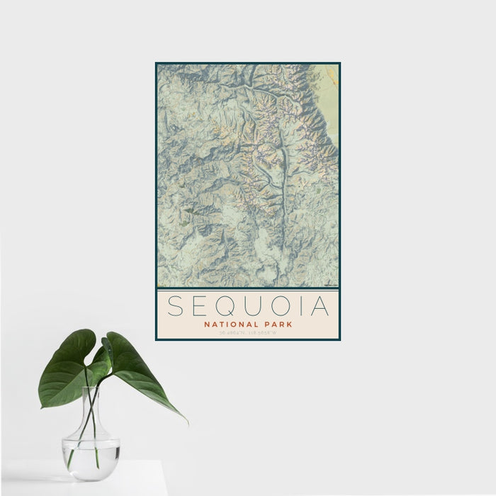 16x24 Sequoia National Park Map Print Portrait Orientation in Woodblock Style With Tropical Plant Leaves in Water