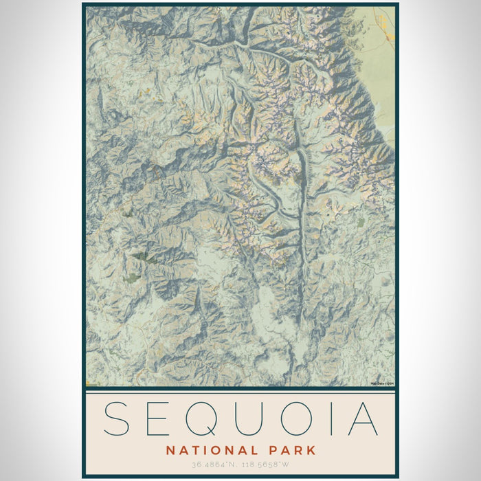 Sequoia National Park Map Print Portrait Orientation in Woodblock Style With Shaded Background