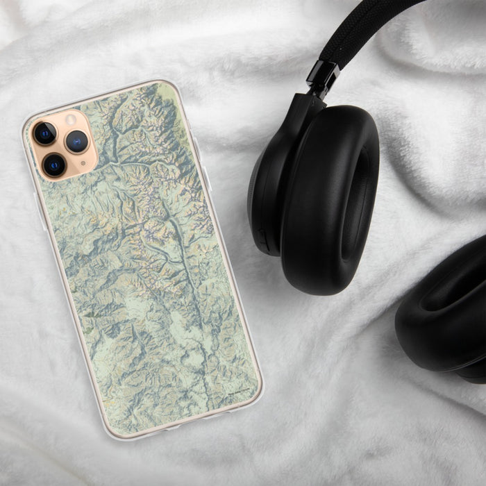 Custom Sequoia National Park Map Phone Case in Woodblock on Table with Black Headphones