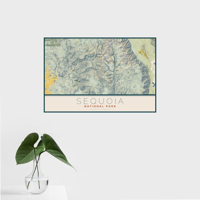 16x24 Sequoia National Park Map Print Landscape Orientation in Woodblock Style With Tropical Plant Leaves in Water