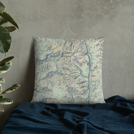 Custom Sequoia National Park Map Throw Pillow in Woodblock on Bedding Against Wall
