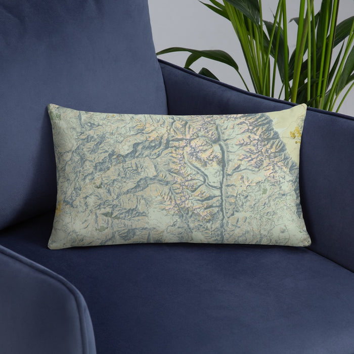 Custom Sequoia National Park Map Throw Pillow in Woodblock on Blue Colored Chair