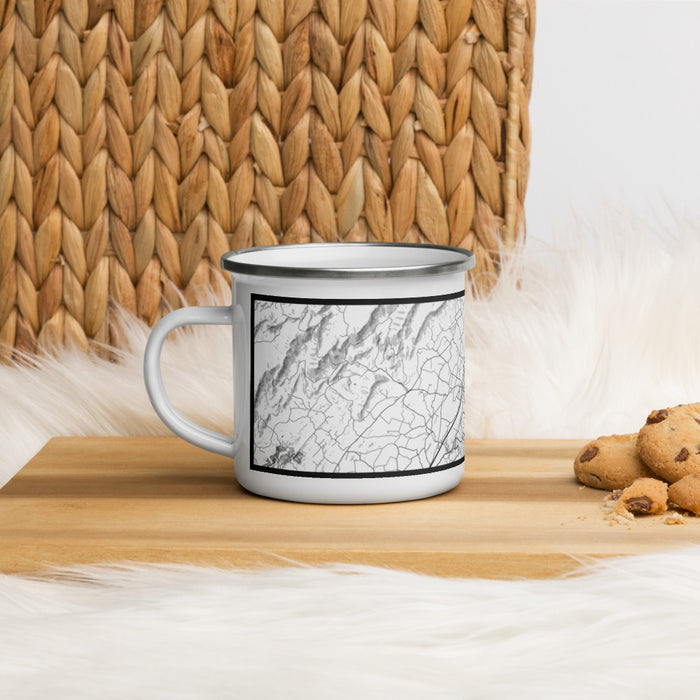 Left View Custom Seven Bends Virginia Map Enamel Mug in Classic on Table Top