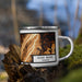 Right View Custom Seven Bends Virginia Map Enamel Mug in Ember on Grass With Trees in Background