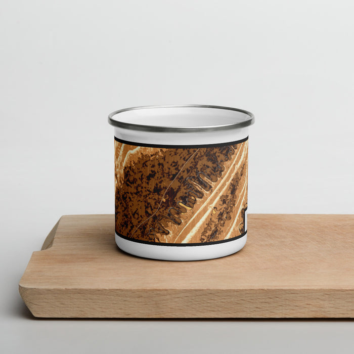 Front View Custom Seven Bends Virginia Map Enamel Mug in Ember on Cutting Board