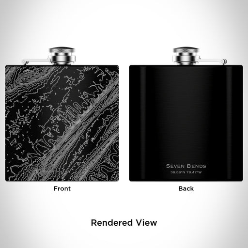 Rendered View of Seven Bends Virginia Map Engraving on 6oz Stainless Steel Flask in Black