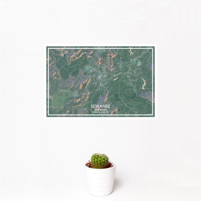 12x18 Sewanee Tennessee Map Print Landscape Orientation in Afternoon Style With Small Cactus Plant in White Planter
