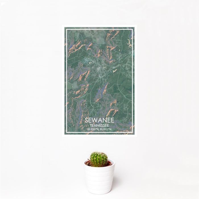 12x18 Sewanee Tennessee Map Print Portrait Orientation in Afternoon Style With Small Cactus Plant in White Planter