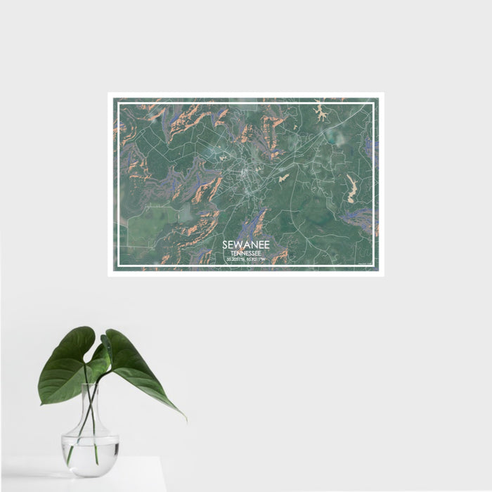 16x24 Sewanee Tennessee Map Print Landscape Orientation in Afternoon Style With Tropical Plant Leaves in Water
