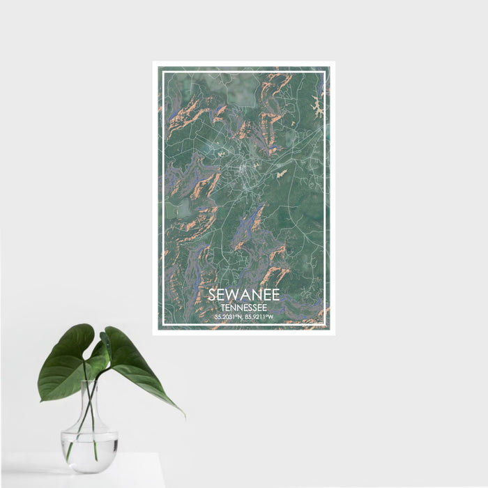 16x24 Sewanee Tennessee Map Print Portrait Orientation in Afternoon Style With Tropical Plant Leaves in Water