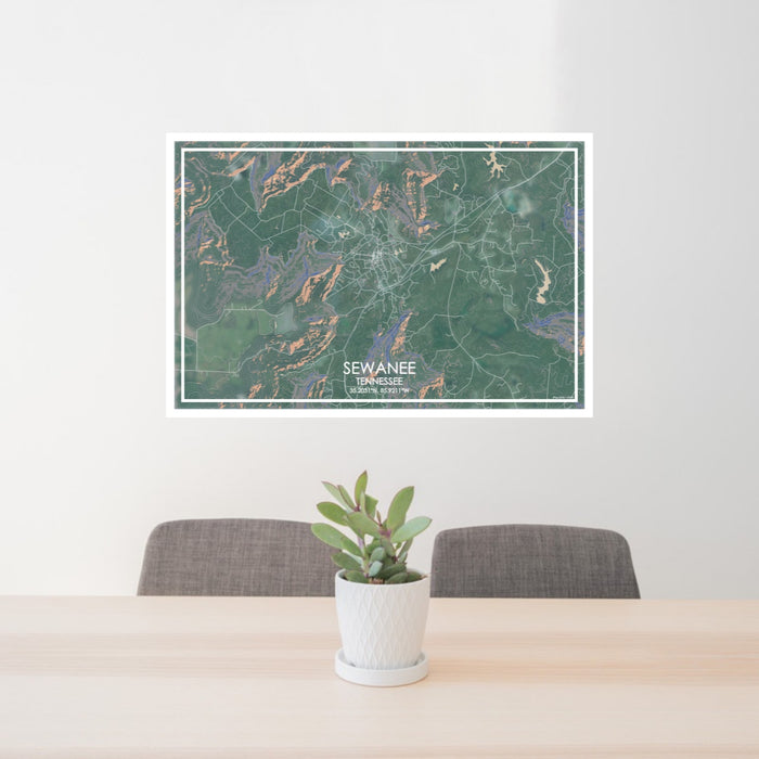 24x36 Sewanee Tennessee Map Print Lanscape Orientation in Afternoon Style Behind 2 Chairs Table and Potted Plant