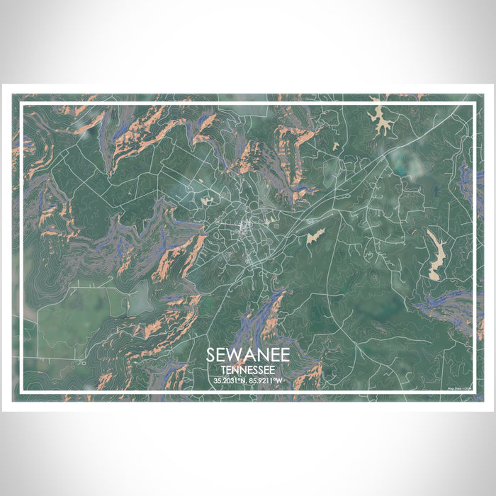 Sewanee Tennessee Map Print Landscape Orientation in Afternoon Style With Shaded Background