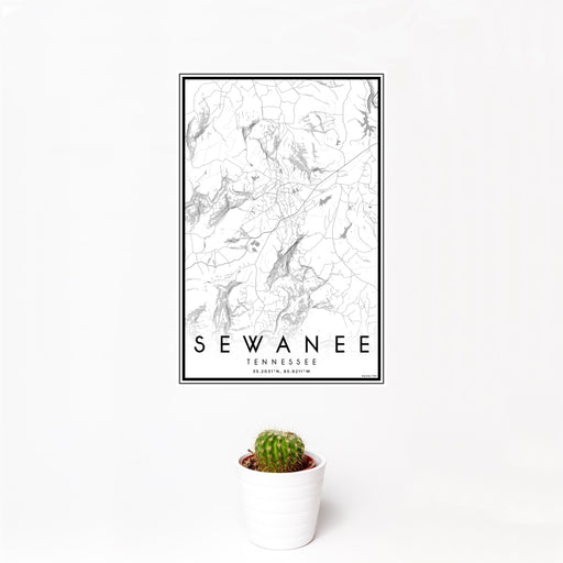 12x18 Sewanee Tennessee Map Print Portrait Orientation in Classic Style With Small Cactus Plant in White Planter