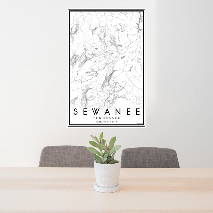 24x36 Sewanee Tennessee Map Print Portrait Orientation in Classic Style Behind 2 Chairs Table and Potted Plant