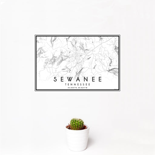 12x18 Sewanee Tennessee Map Print Landscape Orientation in Classic Style With Small Cactus Plant in White Planter