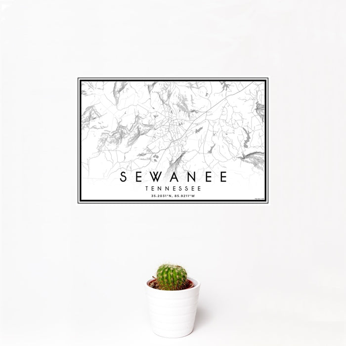 12x18 Sewanee Tennessee Map Print Landscape Orientation in Classic Style With Small Cactus Plant in White Planter