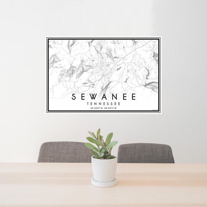 24x36 Sewanee Tennessee Map Print Landscape Orientation in Classic Style Behind 2 Chairs Table and Potted Plant