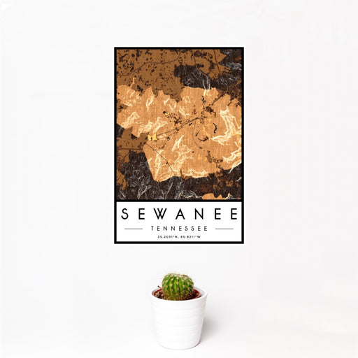 12x18 Sewanee Tennessee Map Print Portrait Orientation in Ember Style With Small Cactus Plant in White Planter