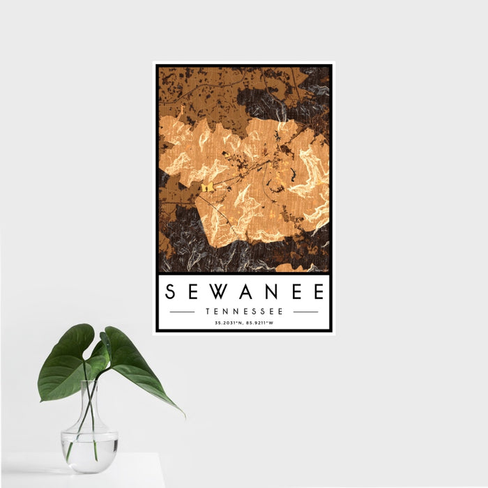 16x24 Sewanee Tennessee Map Print Portrait Orientation in Ember Style With Tropical Plant Leaves in Water