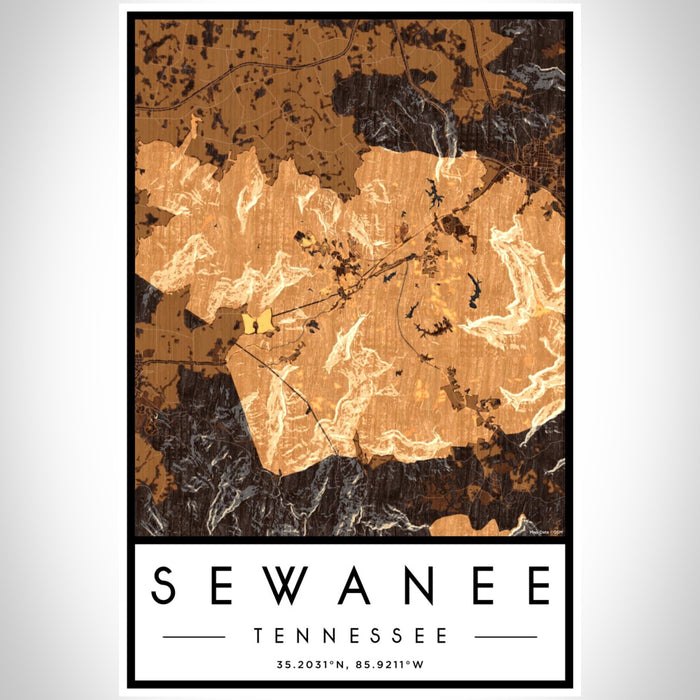 Sewanee Tennessee Map Print Portrait Orientation in Ember Style With Shaded Background