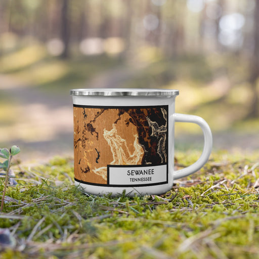 Right View Custom Sewanee Tennessee Map Enamel Mug in Ember on Grass With Trees in Background