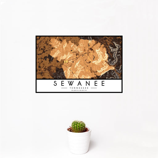 12x18 Sewanee Tennessee Map Print Landscape Orientation in Ember Style With Small Cactus Plant in White Planter