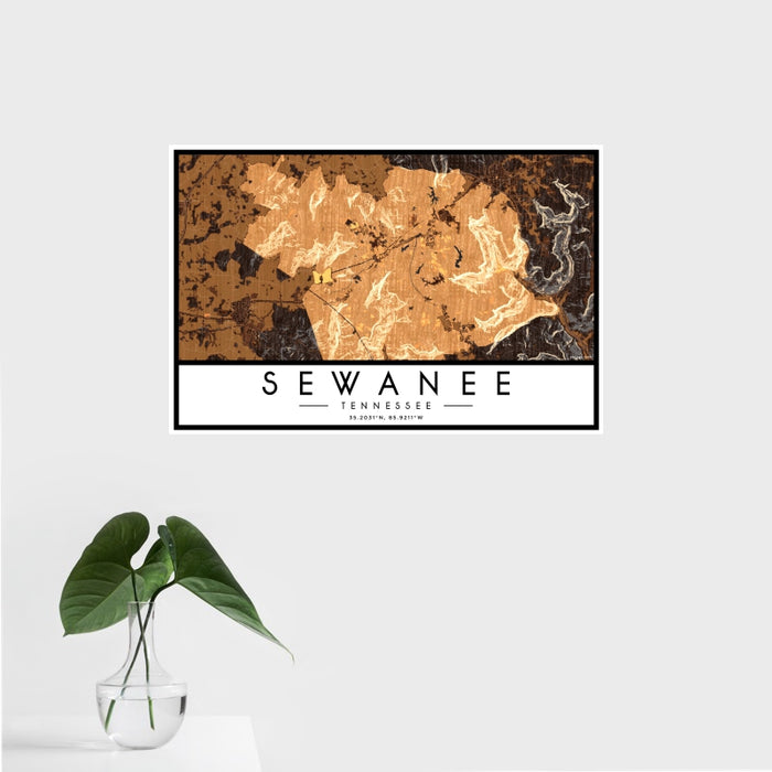 16x24 Sewanee Tennessee Map Print Landscape Orientation in Ember Style With Tropical Plant Leaves in Water
