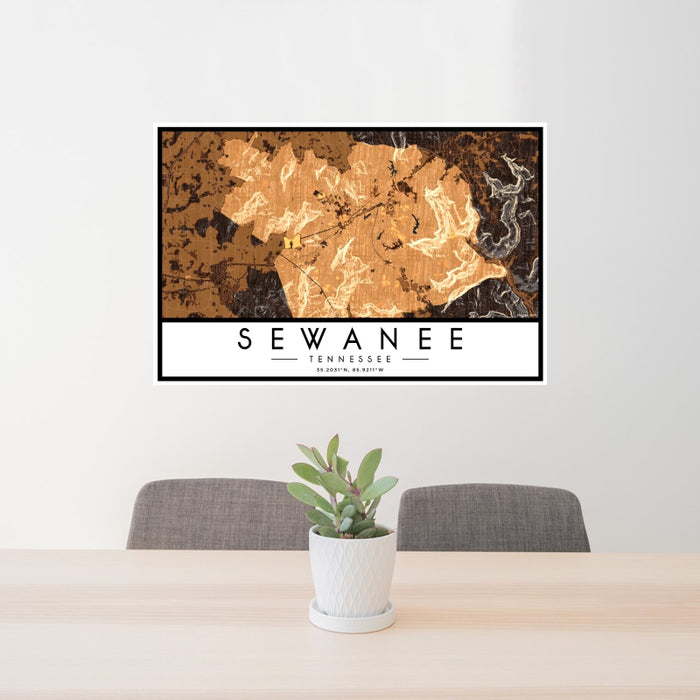 24x36 Sewanee Tennessee Map Print Landscape Orientation in Ember Style Behind 2 Chairs Table and Potted Plant