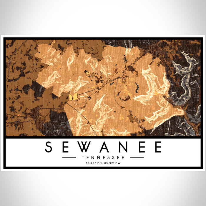 Sewanee Tennessee Map Print Landscape Orientation in Ember Style With Shaded Background