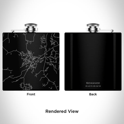 Rendered View of Sewanee Tennessee Map Engraving on 6oz Stainless Steel Flask in Black
