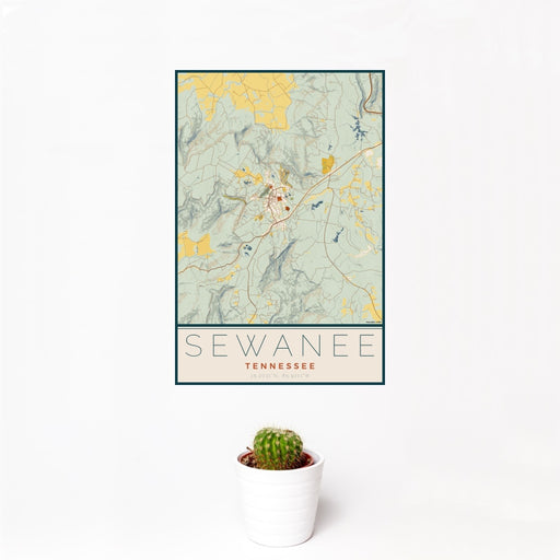 12x18 Sewanee Tennessee Map Print Portrait Orientation in Woodblock Style With Small Cactus Plant in White Planter