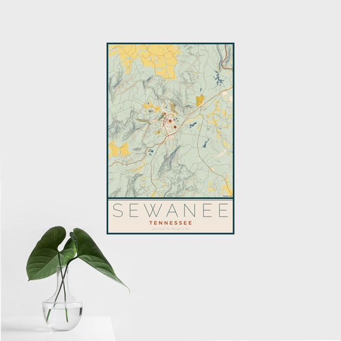 16x24 Sewanee Tennessee Map Print Portrait Orientation in Woodblock Style With Tropical Plant Leaves in Water