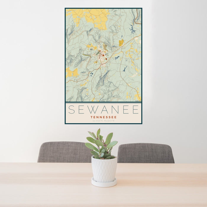 24x36 Sewanee Tennessee Map Print Portrait Orientation in Woodblock Style Behind 2 Chairs Table and Potted Plant