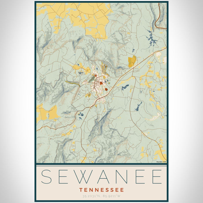 Sewanee Tennessee Map Print Portrait Orientation in Woodblock Style With Shaded Background