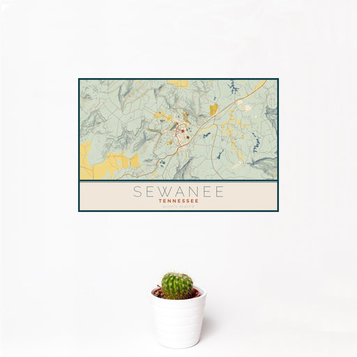 12x18 Sewanee Tennessee Map Print Landscape Orientation in Woodblock Style With Small Cactus Plant in White Planter