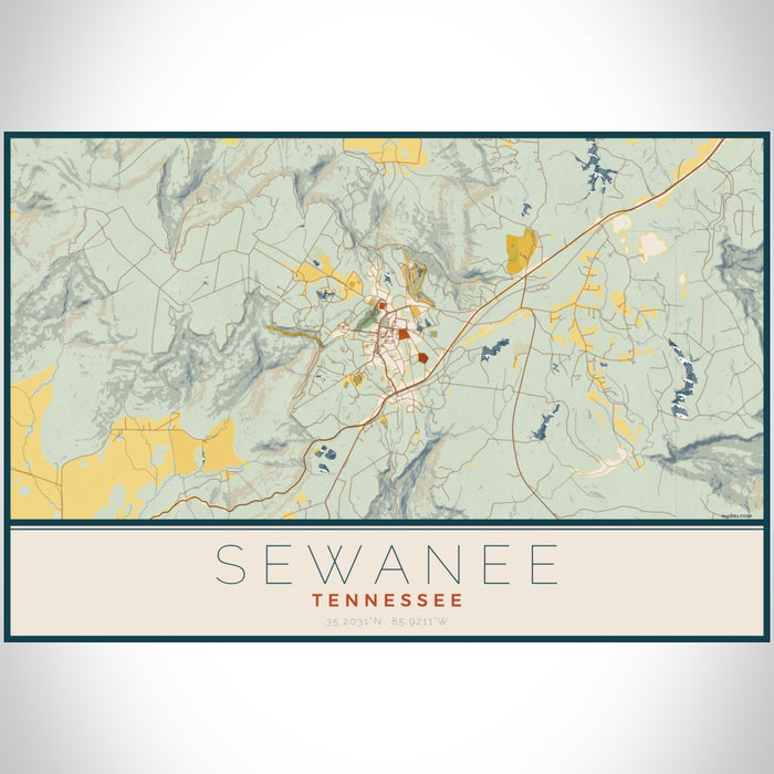 Sewanee Tennessee Map Print Landscape Orientation in Woodblock Style With Shaded Background