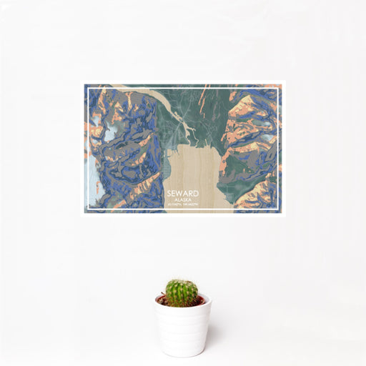 12x18 Seward Alaska Map Print Landscape Orientation in Afternoon Style With Small Cactus Plant in White Planter