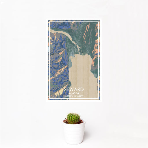 12x18 Seward Alaska Map Print Portrait Orientation in Afternoon Style With Small Cactus Plant in White Planter