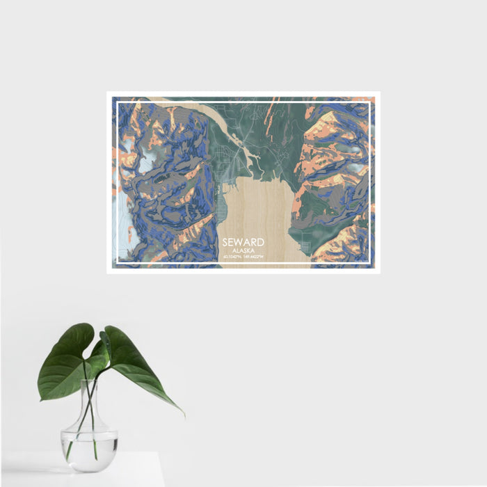 16x24 Seward Alaska Map Print Landscape Orientation in Afternoon Style With Tropical Plant Leaves in Water