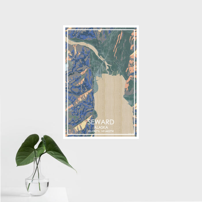 16x24 Seward Alaska Map Print Portrait Orientation in Afternoon Style With Tropical Plant Leaves in Water