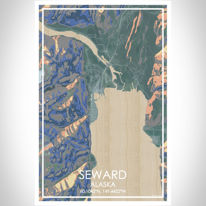 Seward Alaska Map Print Portrait Orientation in Afternoon Style With Shaded Background