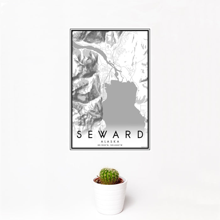 12x18 Seward Alaska Map Print Portrait Orientation in Classic Style With Small Cactus Plant in White Planter