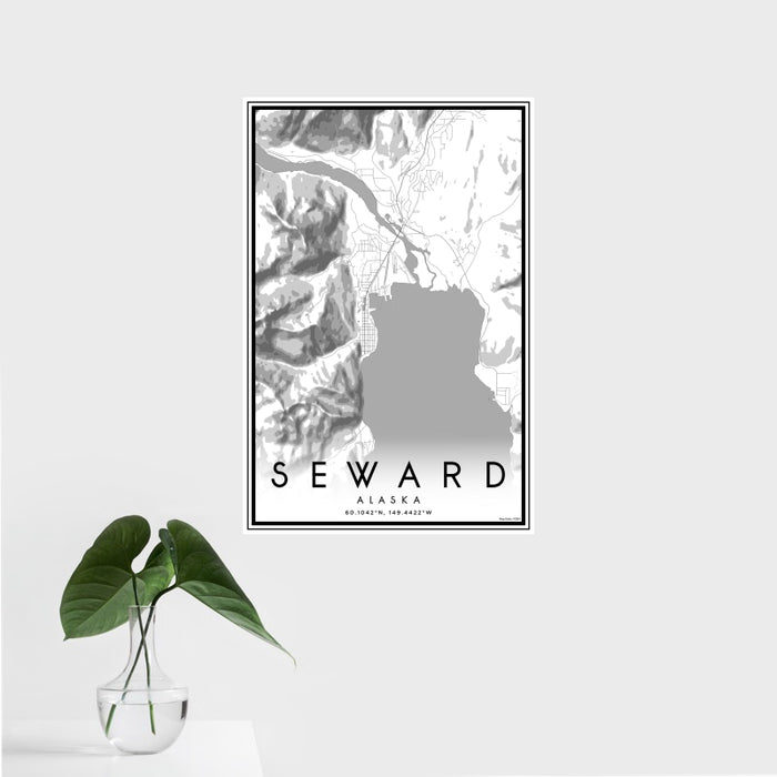 16x24 Seward Alaska Map Print Portrait Orientation in Classic Style With Tropical Plant Leaves in Water