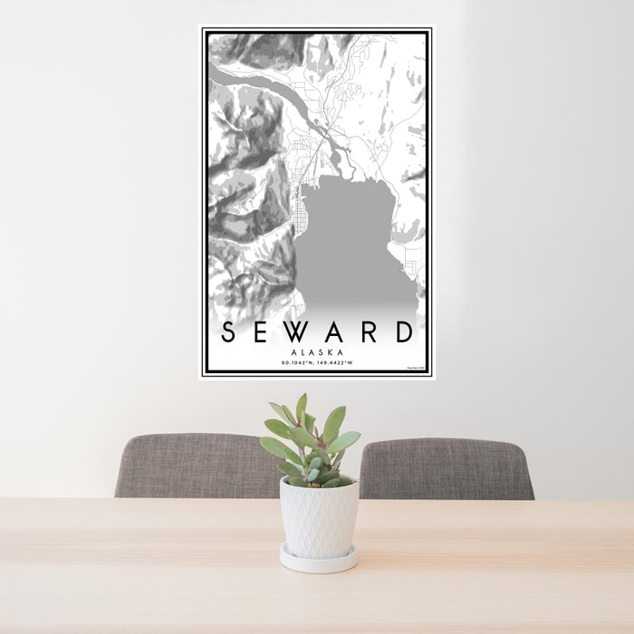 24x36 Seward Alaska Map Print Portrait Orientation in Classic Style Behind 2 Chairs Table and Potted Plant