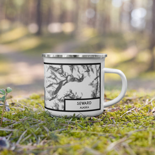 Right View Custom Seward Alaska Map Enamel Mug in Classic on Grass With Trees in Background