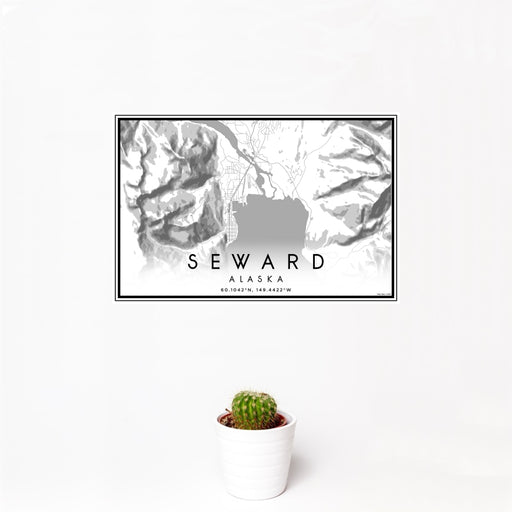 12x18 Seward Alaska Map Print Landscape Orientation in Classic Style With Small Cactus Plant in White Planter