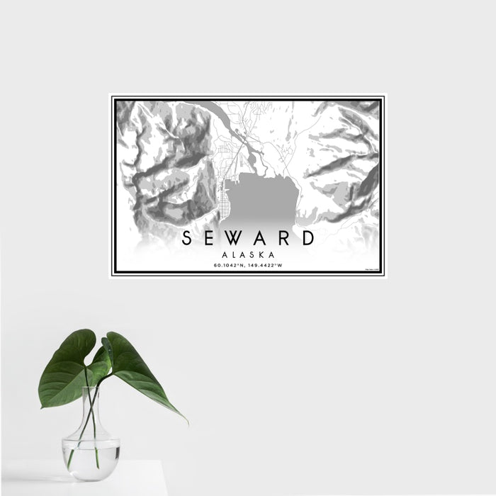 16x24 Seward Alaska Map Print Landscape Orientation in Classic Style With Tropical Plant Leaves in Water